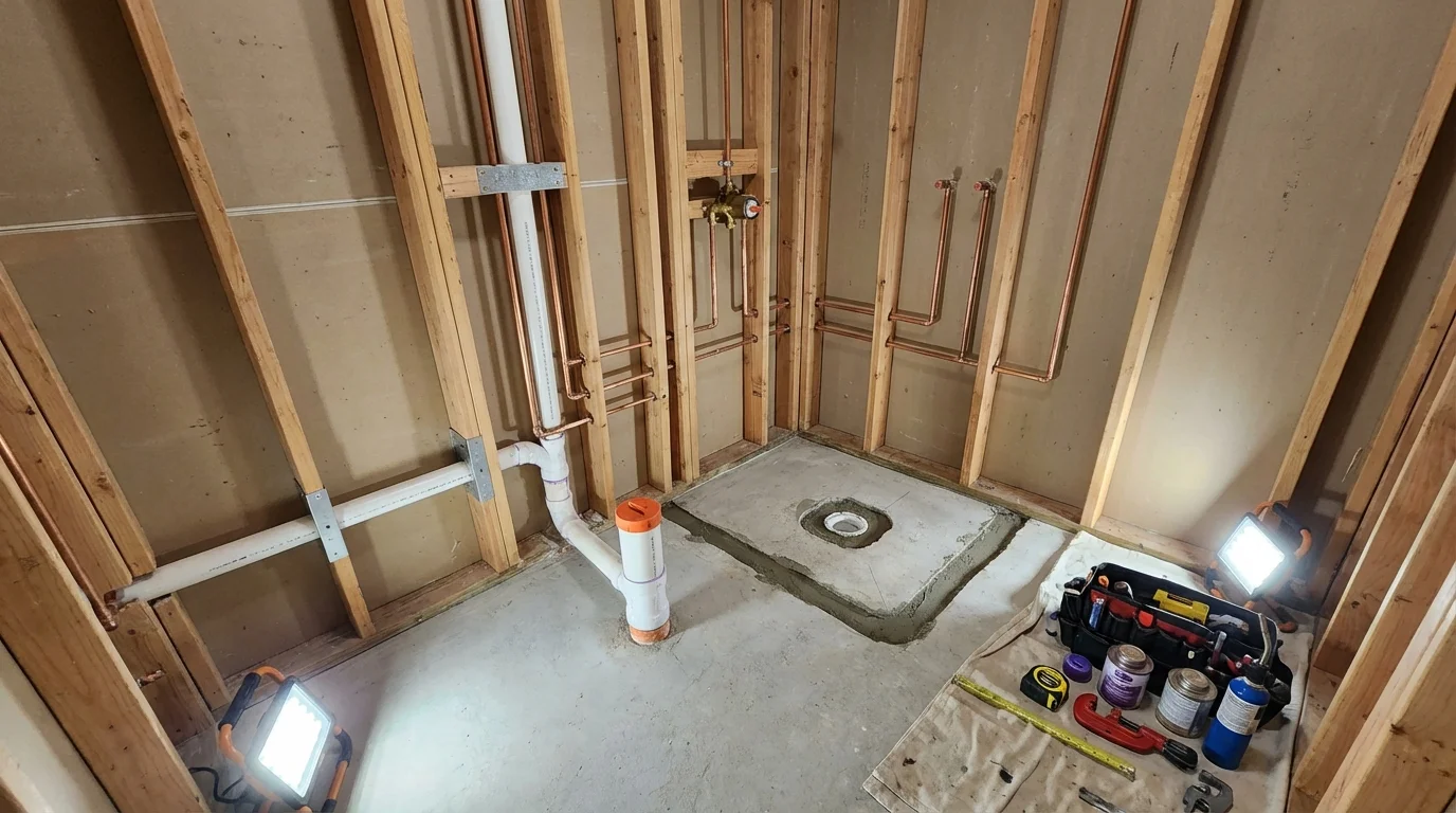 Bathroom rough-in plumbing during remodel by Johns Plumbing LLC in Otsego
