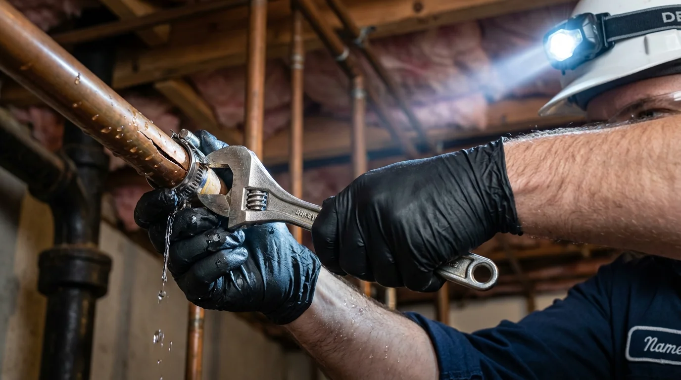 Emergency pipe clamp repair being performed by a Johns Plumbing LLC plumber in Otsego