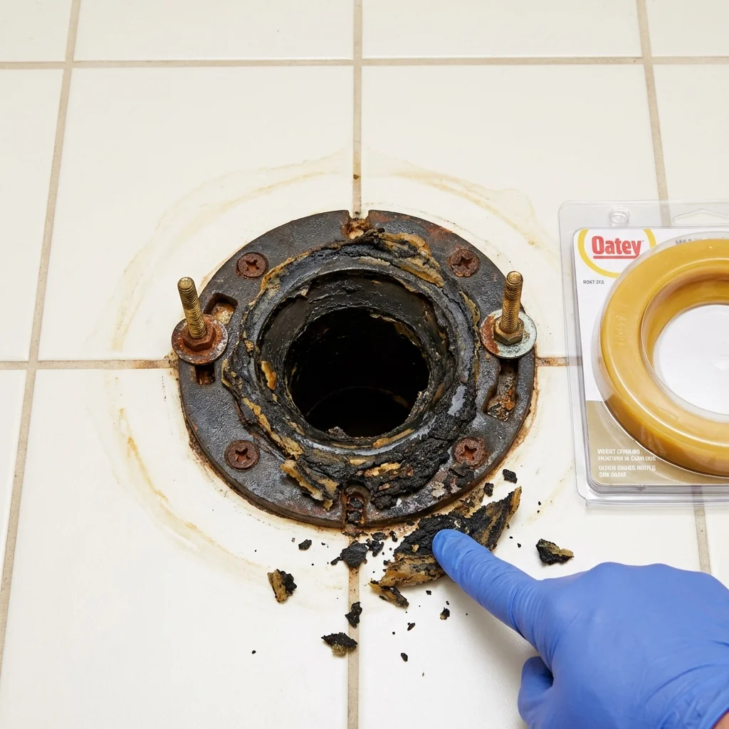Failed wax ring showing water seepage at the base of a toilet in a Otsego, MI home