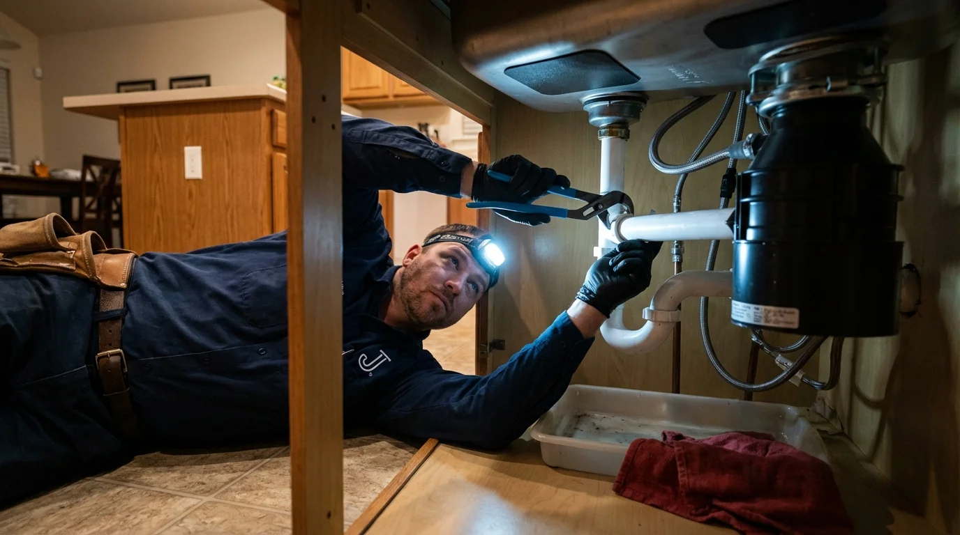 P-trap and supply line connections under a kitchen sink showing a common leak point in Otsego, MI